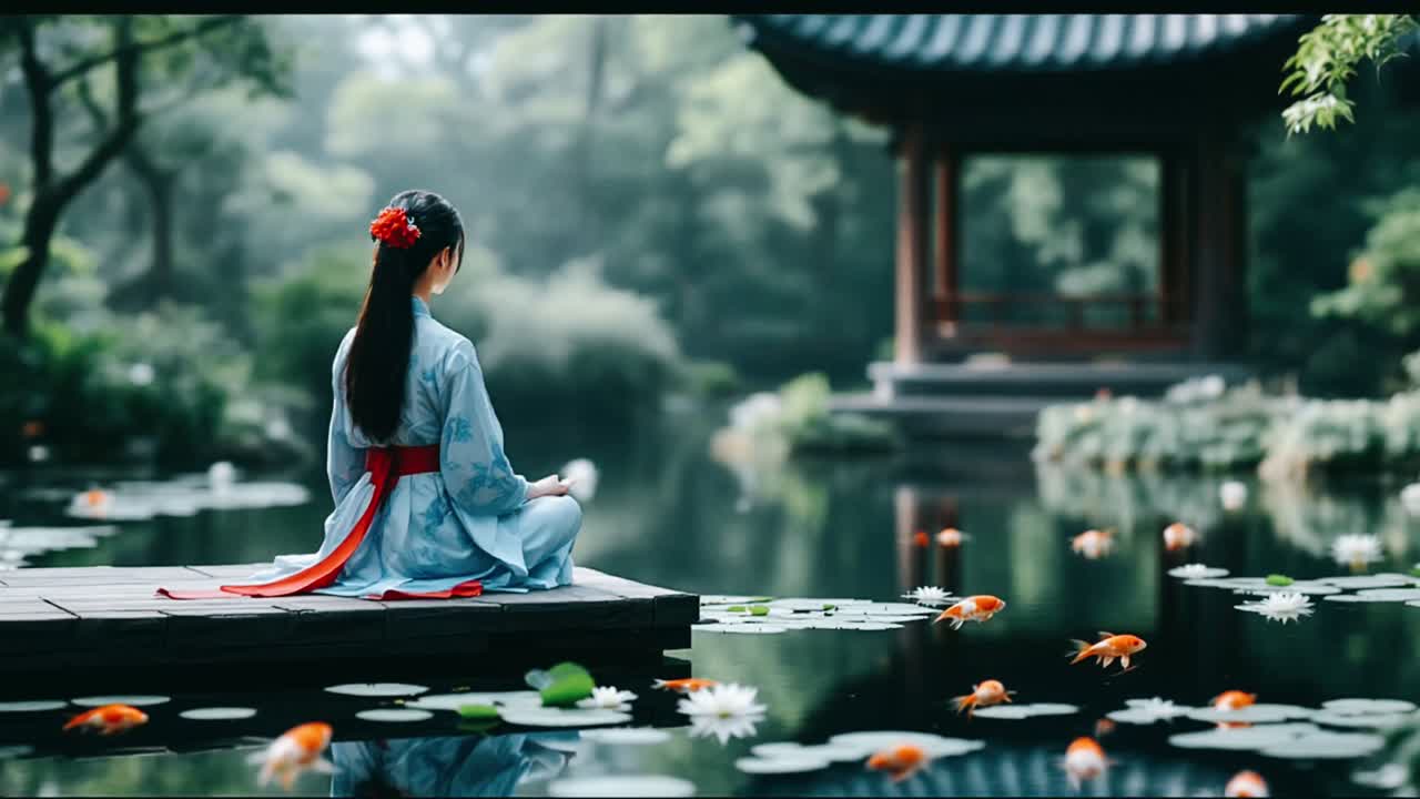 Woman in Traditional Attire Meditating in a Peaceful Garden
