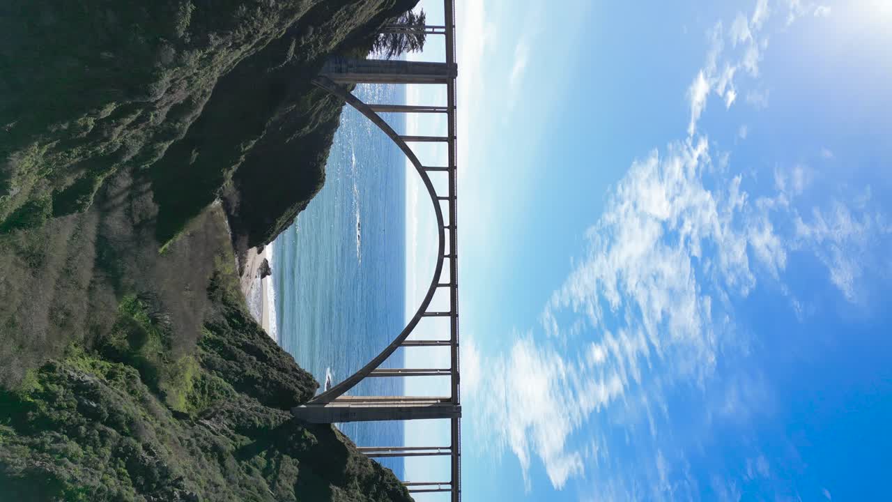 Drone flying under a bridge on the iconic highway 101 near Big Sur California