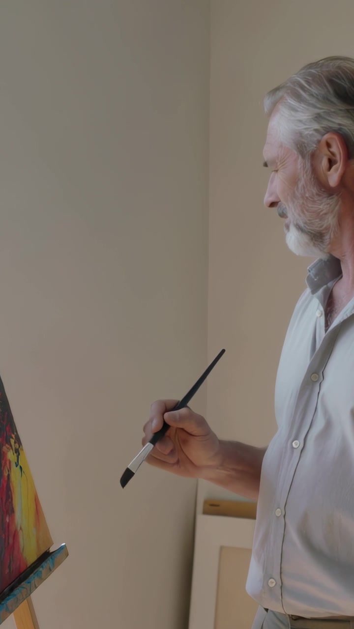Vídeo vertical: Luz destacando homem idoso pintando tela em estúdio com cavalete, pincel, mangas arregaçadas.