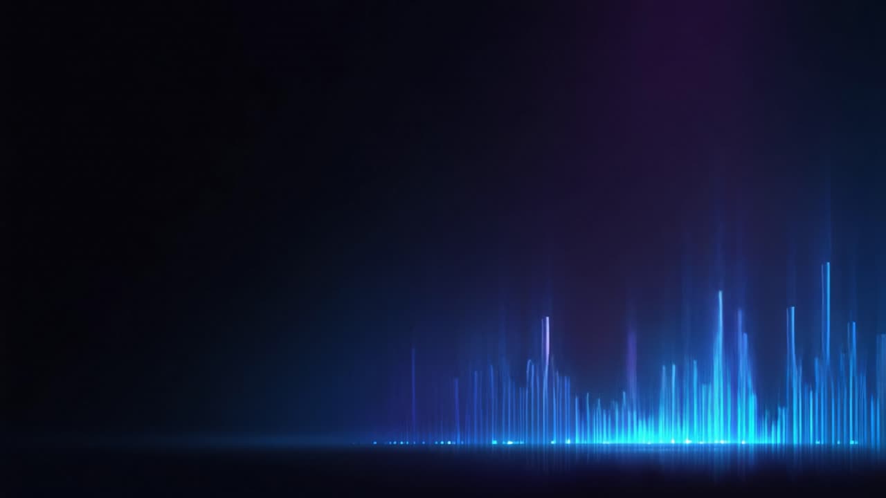 Luminous blue and purple light beams fluctuating on a dark background, representing a digital audio wave or data visualization for a futuristic and technological concept with empty copy space