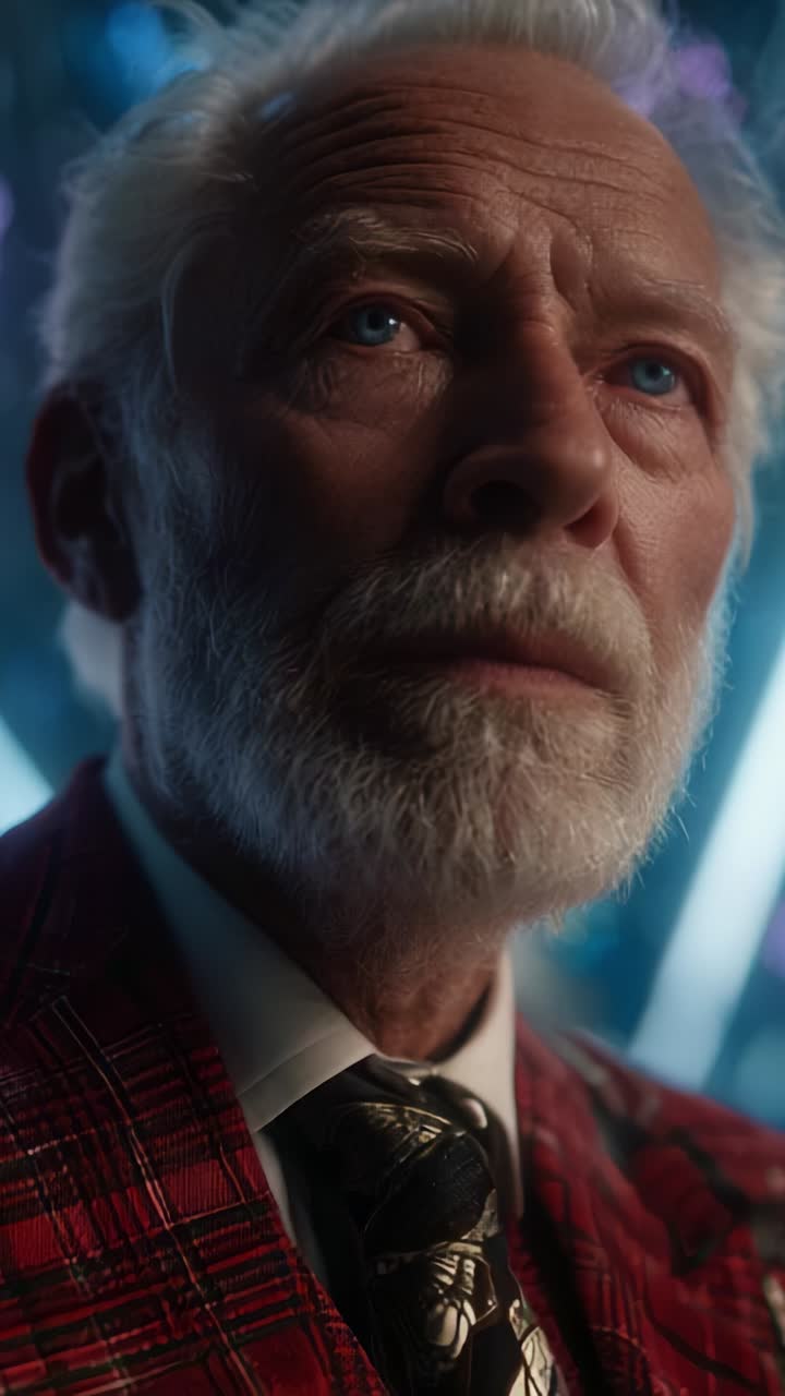 Um homem idoso contemplativo, com impressionantes olhos azuis, olha fixamente enquanto veste um terno vermelho vibrante, transmitindo sabedoria e chamando a atenção em uma cena visualmente atraente.