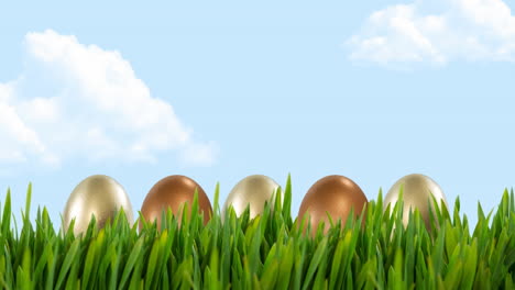animation of gold and bronze easter eggs in grass over blue sky