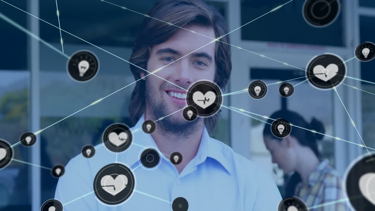 animación de la red de conexiones con iconos de corazón sobre el hombre caucásico en el café