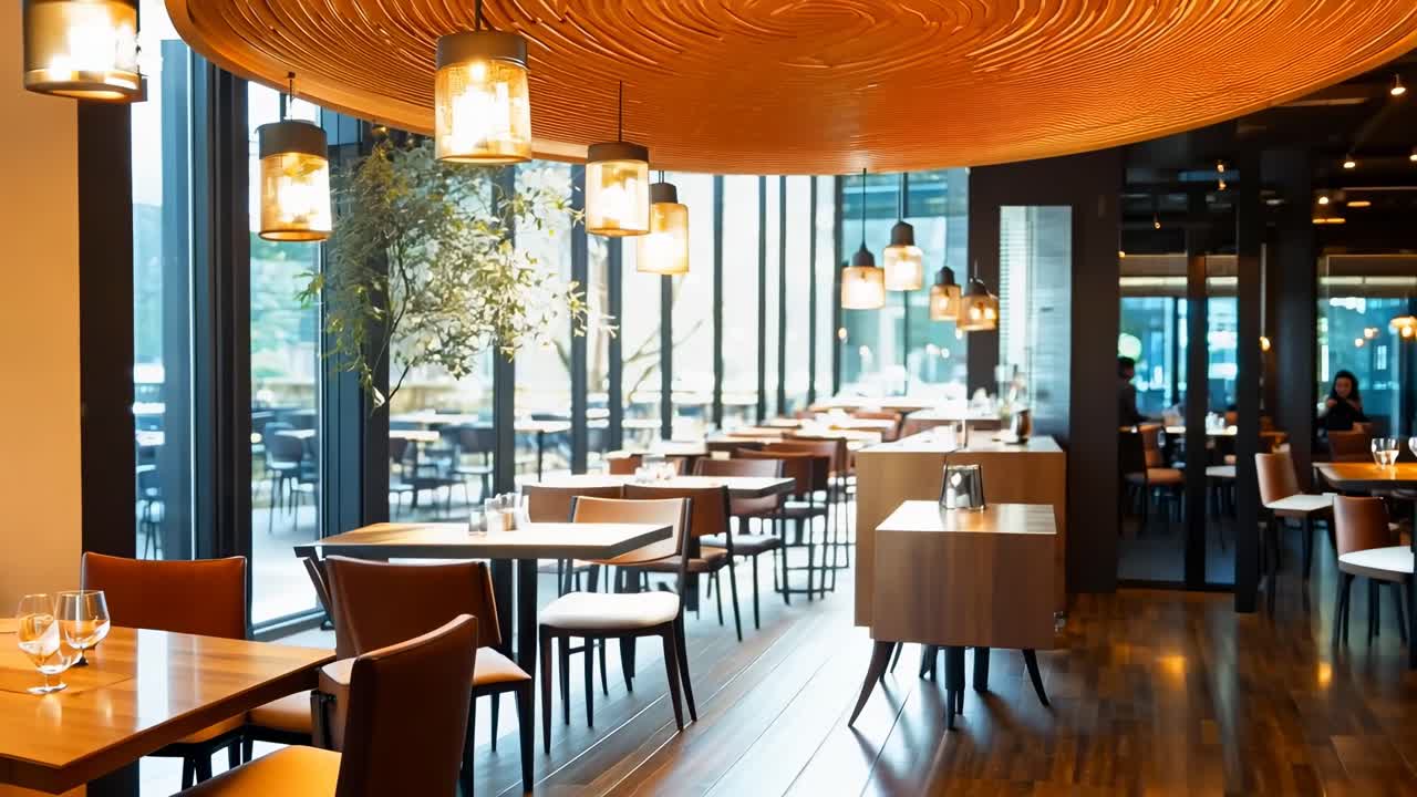 Vidvinkelvideooptagelse af et moderne, stilfuldt restaurantinteriør med varm belysning og træmøbler.