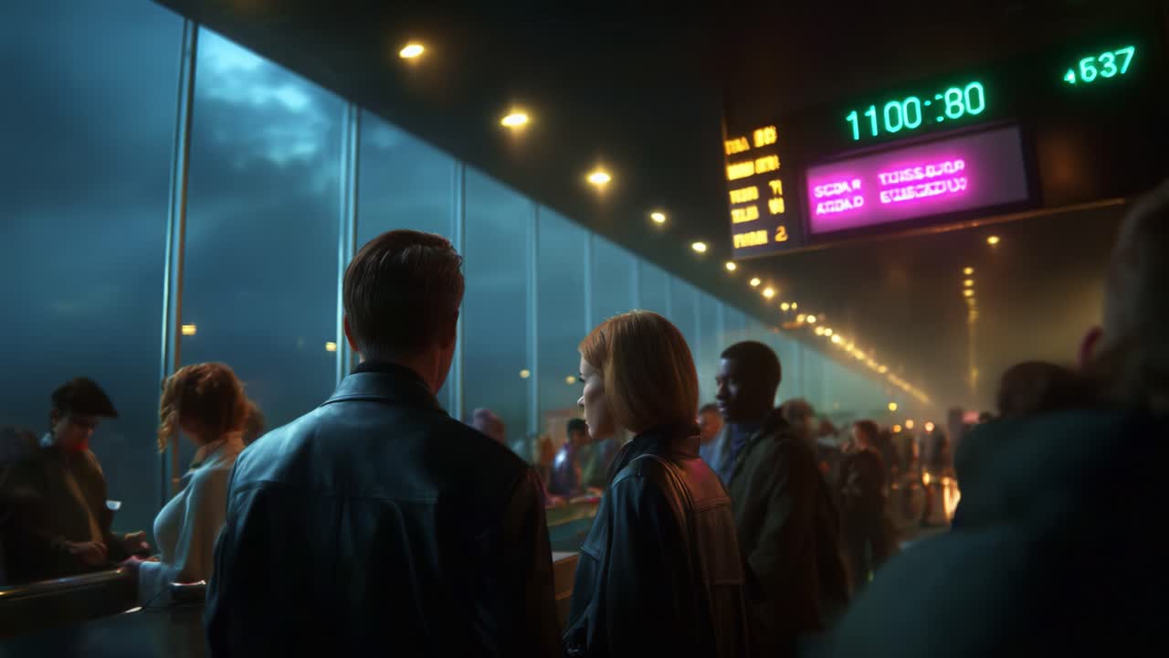 A captivating scene unfolds in a bustling venue where patrons gather, showcasing an intriguing blend of individuals engaged in anticipation under dim lighting, with striking digital displays enhancing the atmosphere