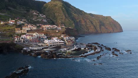 Porto-Moniz-at-daw,-drone-establishing-shot