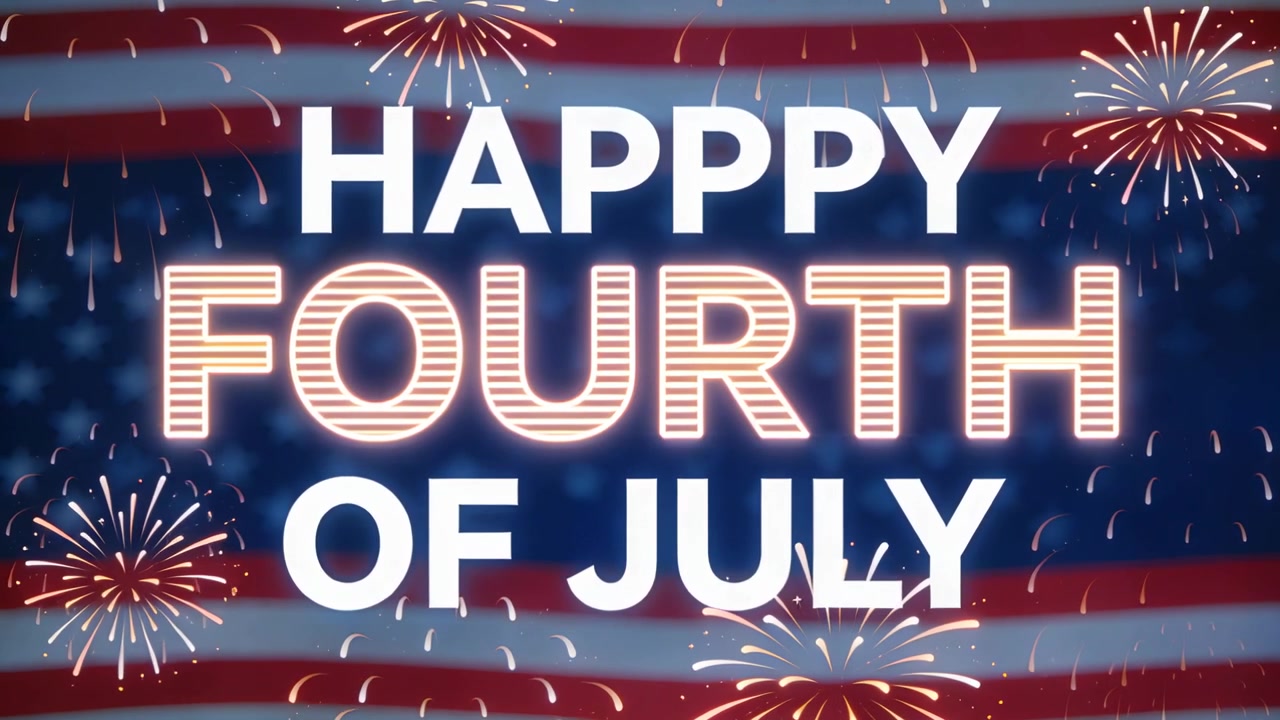 Revealing centered HAPPPY FOURTH OF JULY graphic pulsing over waving US flag, sparking fireworks