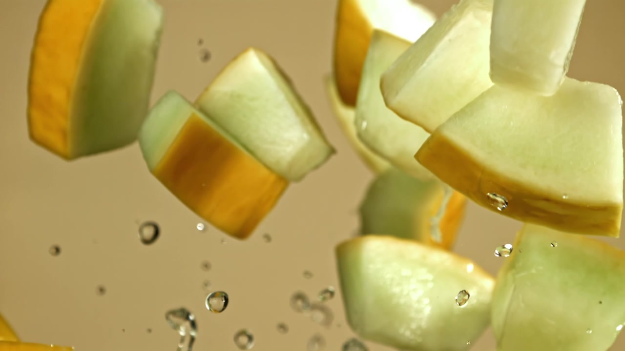 Fresh Honeydew Melon Pieces Falling and Splashing with Water in Slow Motion