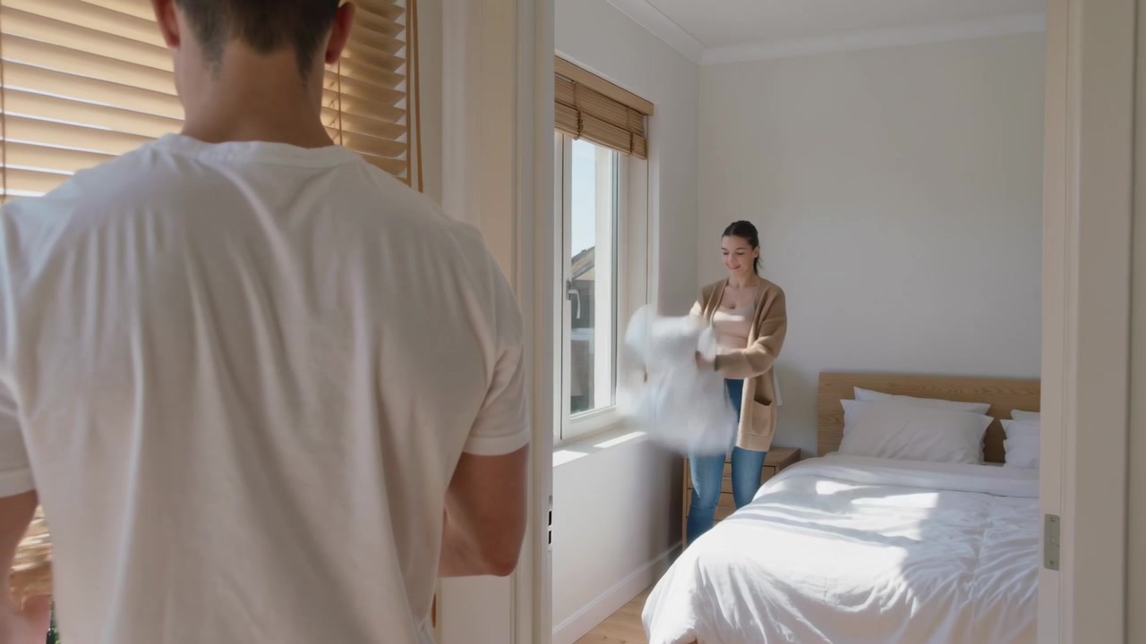 Cặp đôi đang sắp xếp trong phòng ngủ phản ứng với ánh nắng mặt trời, kéo rèm gỗ lên và vỗ gối, dọn giường