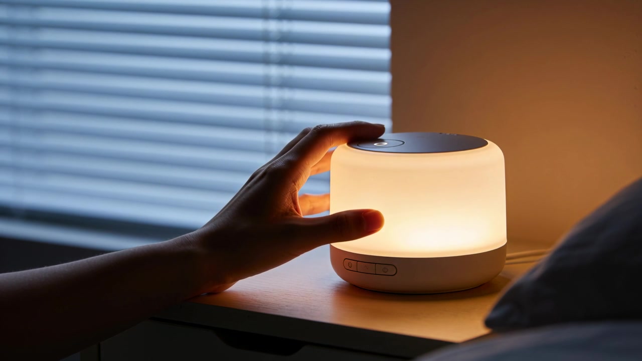 Reaching from right bare hand touching and rotating lamp control on nightstand, dimming warm light