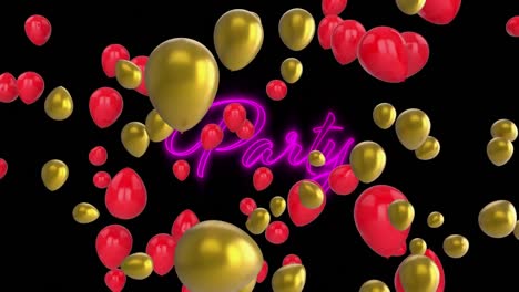 globos dorados y rojos flotando sobre un cartel de texto de fiesta púrpura de neón contra un fondo negro