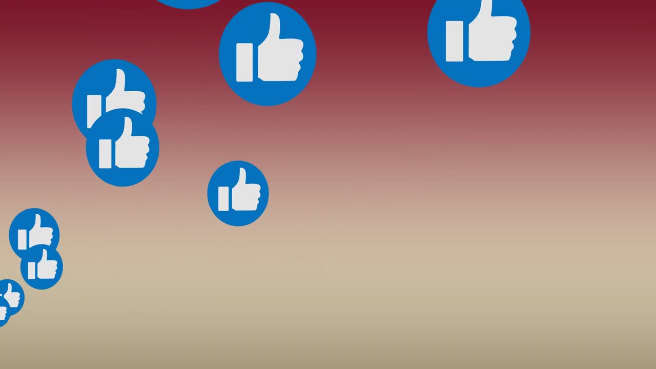 Animazione digitale di diverse icone "Mi piace" su un banner rotondo blu che fluttuano su uno sfondo sfumato.