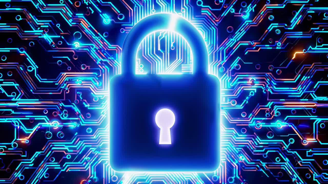 Futuristic video concept with a glowing lock symbolizing cybersecurity