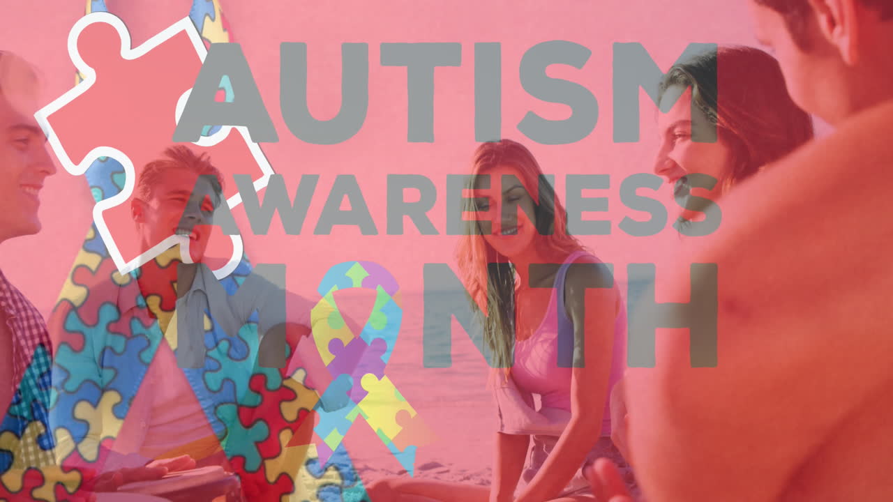 여름 해변 파티에서 행복한 친구들 위에 다채로운 퍼즐 조각과 자폐증 텍스트의 애니메이션