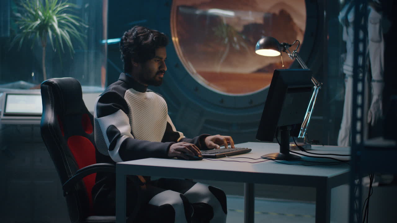 Astronaut working on computer in a space laboratory