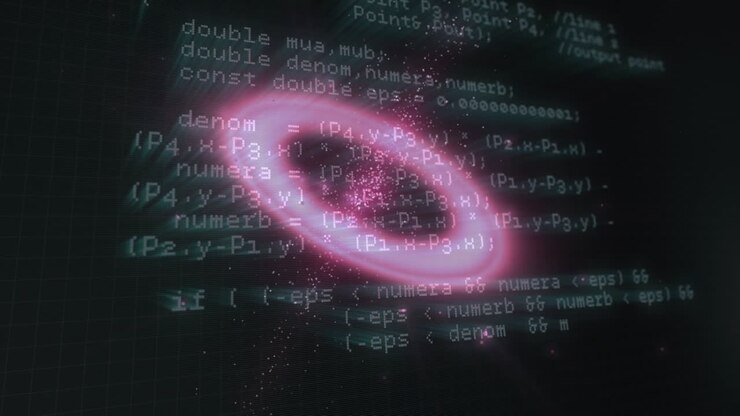 Animazione di cerchi rosa luminosi ed elaborazione dati.