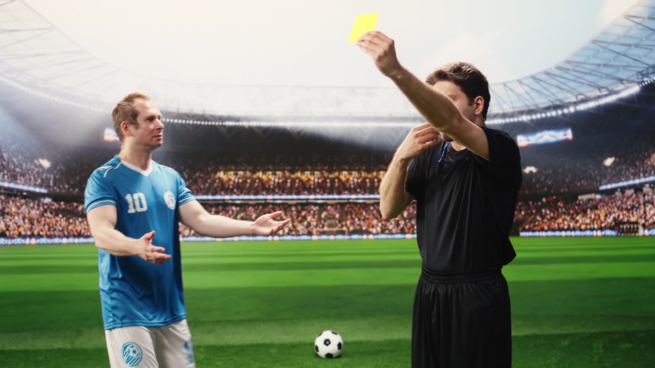 Arbitro di calcio in nero che mostra il cartellino giallo a un giocatore che protesta sul campo.