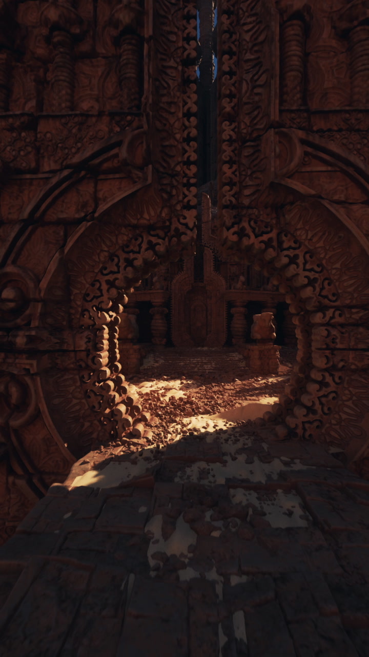 Silent mystical corridor reveals carved motifs and worn stone beneath sunbeams