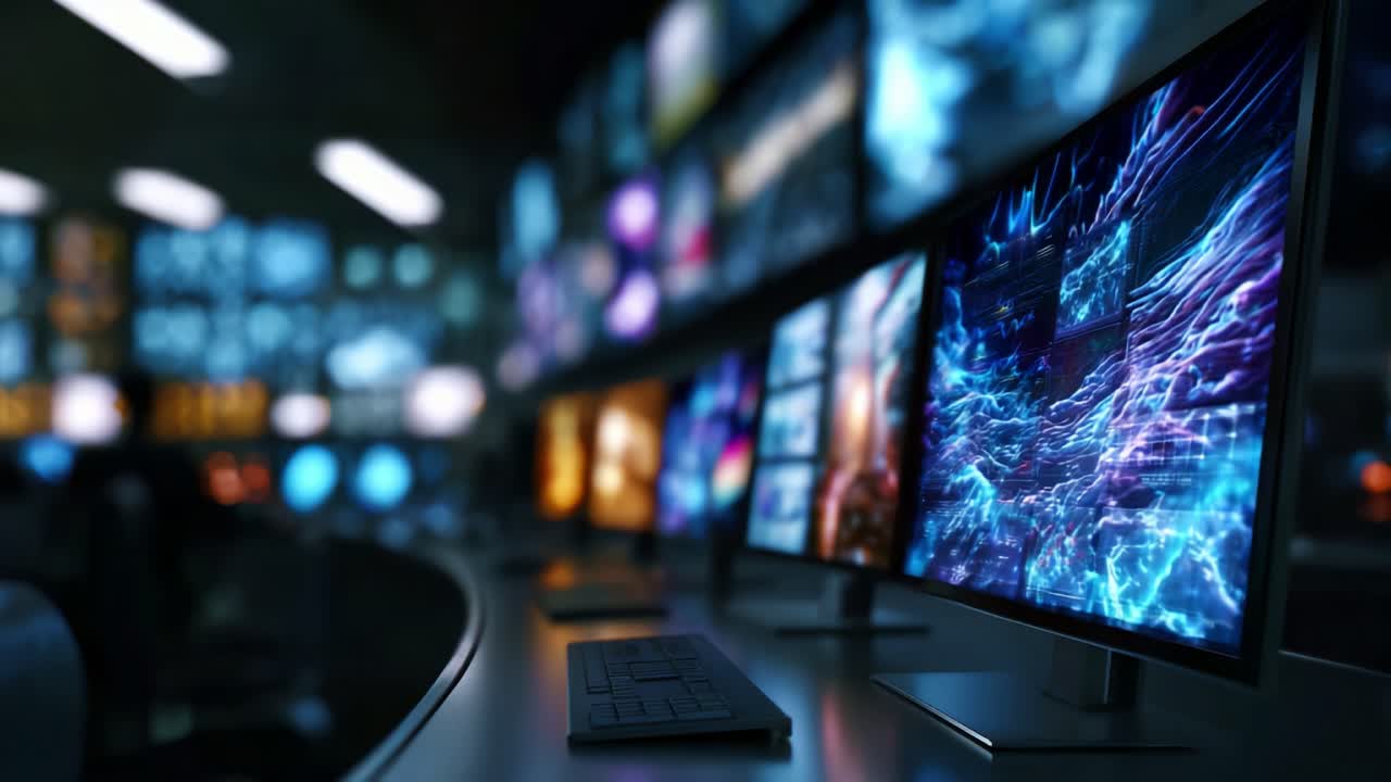 High-Tech Control Room Featuring Multiple Monitors Displaying Vibrant Digital Graphics and Data Visualizations in a Modern, Futuristic Environment