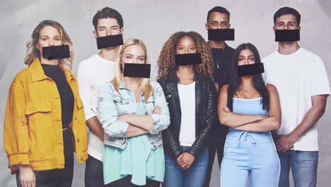 freedom of speech concept showing group of young people with mouths covered with tape