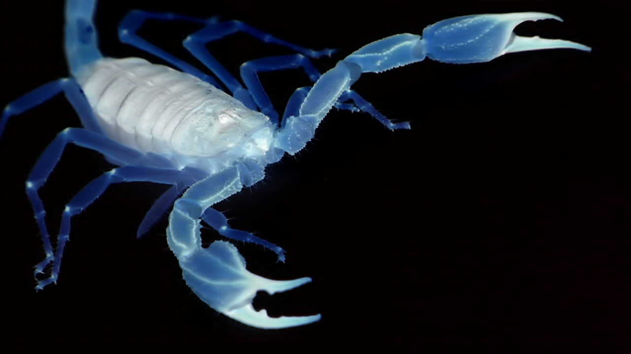 un escorpión azul translúcido está preparado y marcha fuera de la vista