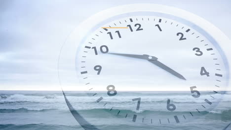 animación del texto de feliz año nuevo sobre la cuenta atrás del reloj contra el mar con cielo despejado