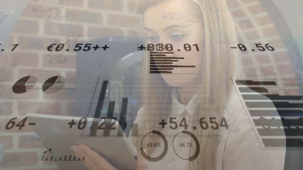 Woman tapping tablet and tilting screen, bringing animated finance charts, percent dials to analyze