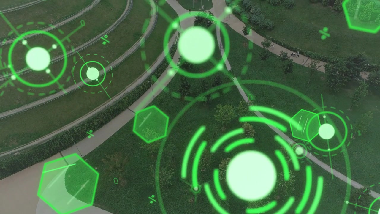 HUD overlay activating, placing central target, pulsing rings rotating, nodes sweeping to map park