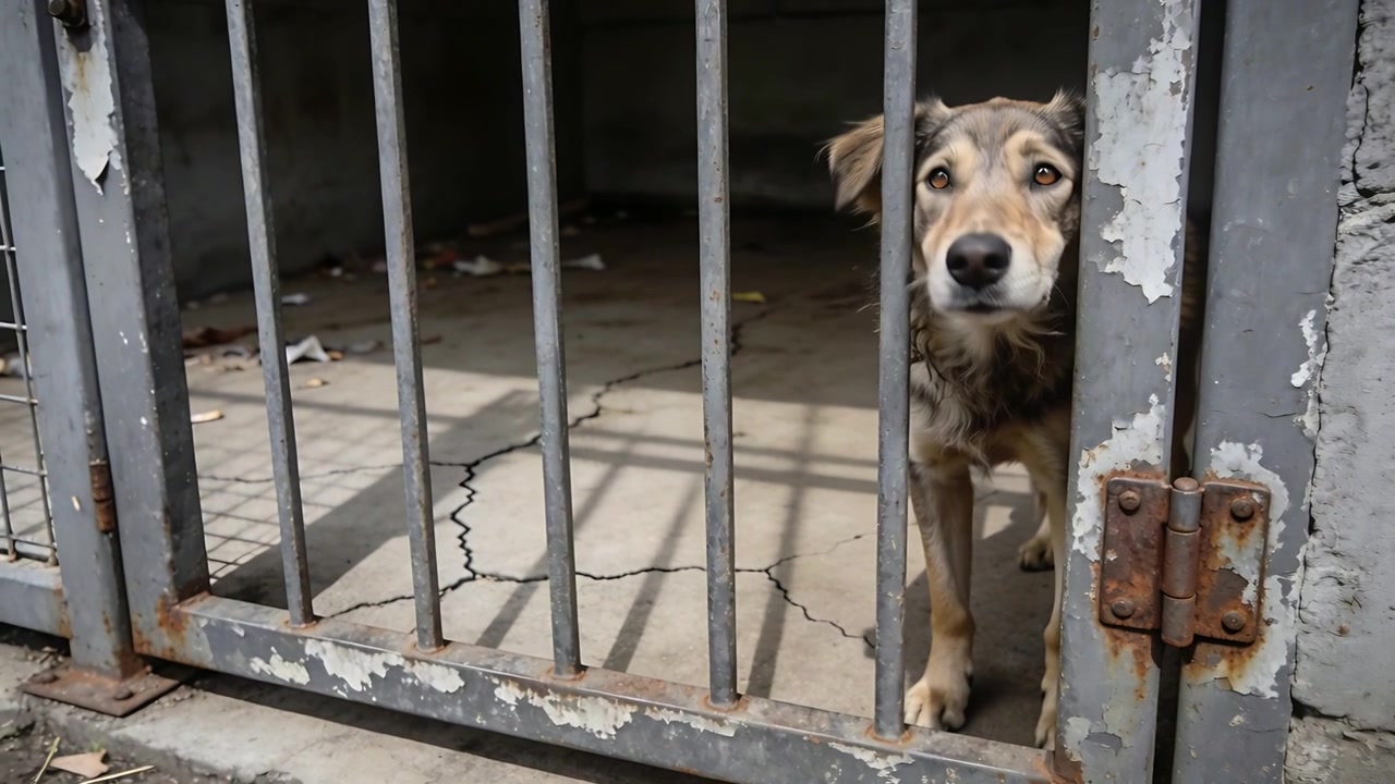 Perro de color tostado grisáceo olfateando, avanzando lentamente a través de una puerta de barrotes de metal en una perrera de hormigón, con bisagra y espacio para texto.
