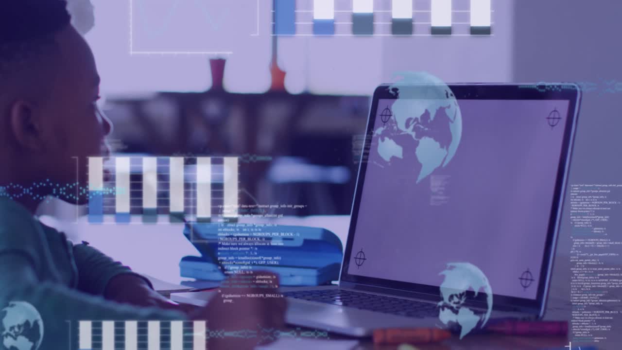 Animation of diverse data over happy african american boy using laptop with copy space