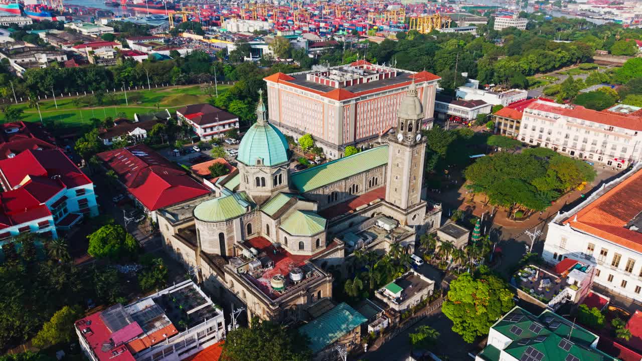 Orbiting drone flight around Manila Cathedral in Intramuros Manila Philippines