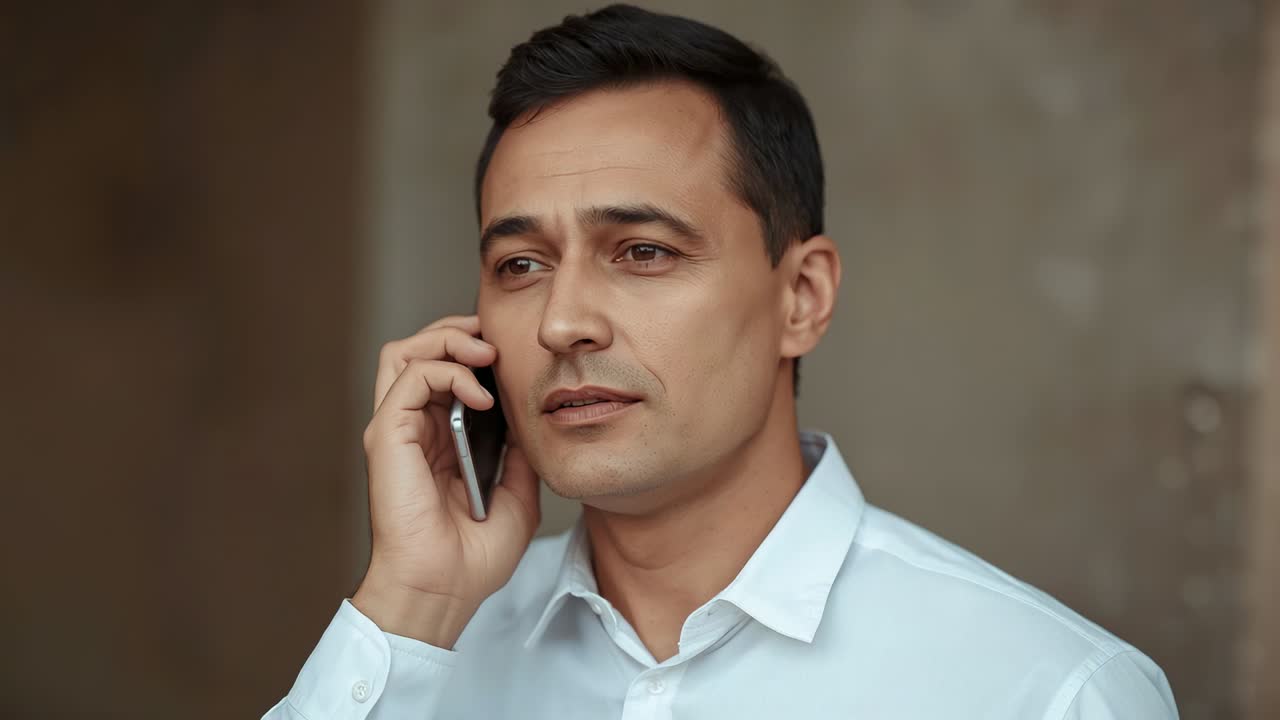 Listening to incoming call, middle-aged man in white shirt holding smartphone to right ear at lobby