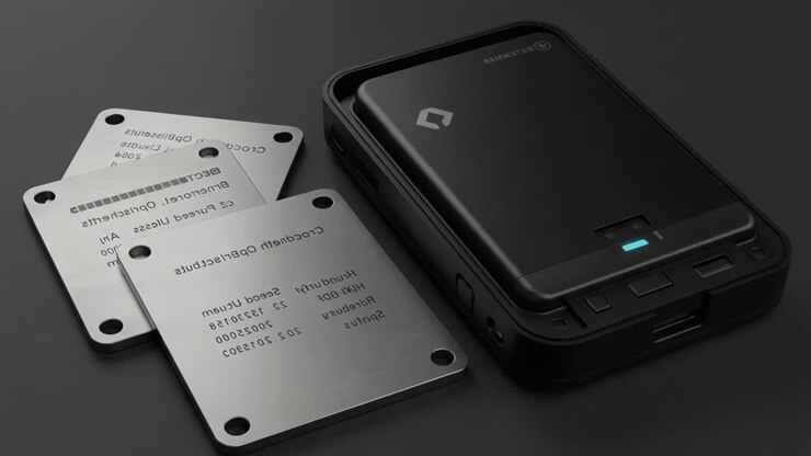 Un gadget compatto con card metalliche e design elegante, che mette in mostra un'interfaccia tecnologica moderna, ideale per l'archiviazione di dati o pagamenti sicuri