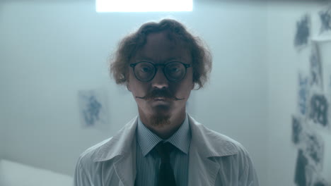portrait of psychiatrist standing in mental hospital ward with flickering light