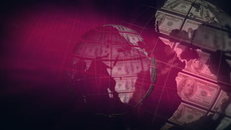 animation of globe formed with american dollar banknotes and data processing