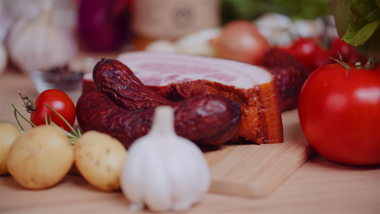 salchichas ahumadas y tocino con verduras