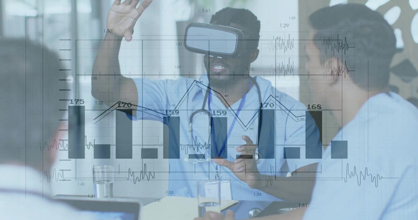 Medical team watching VR doctor putting on headset and manipulating bar and line chart for analysis