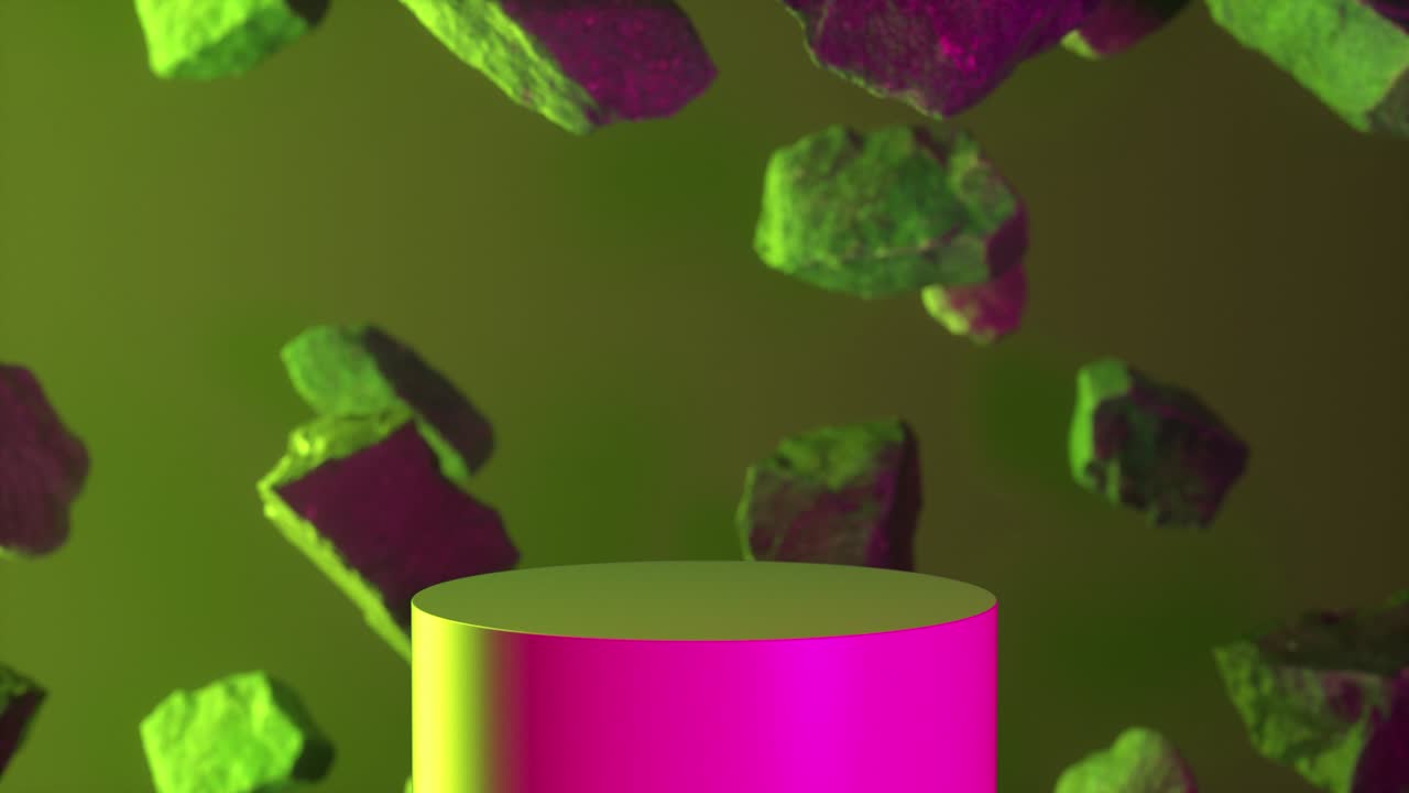 rocas en fondo rosa verde neón. piezas de fondo de rocas voladoras. exhibición en el podio para la presentación de productos cosméticos, pedestal o plataforma. plantilla de maqueta para el diseño de anuncios. bucle de animación 3d en 4k