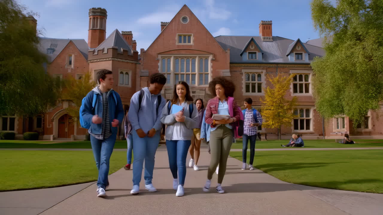 Diverse group of students walking on a university campus