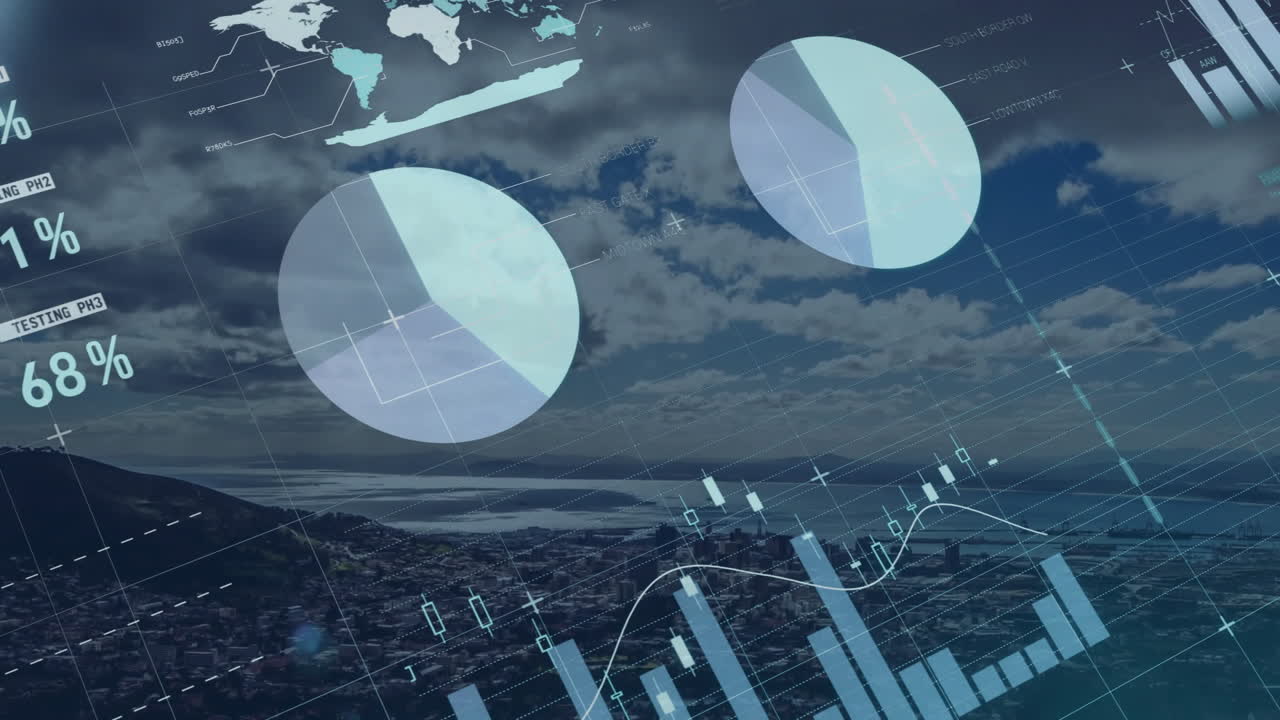 Animation of financial data processing over cityscape