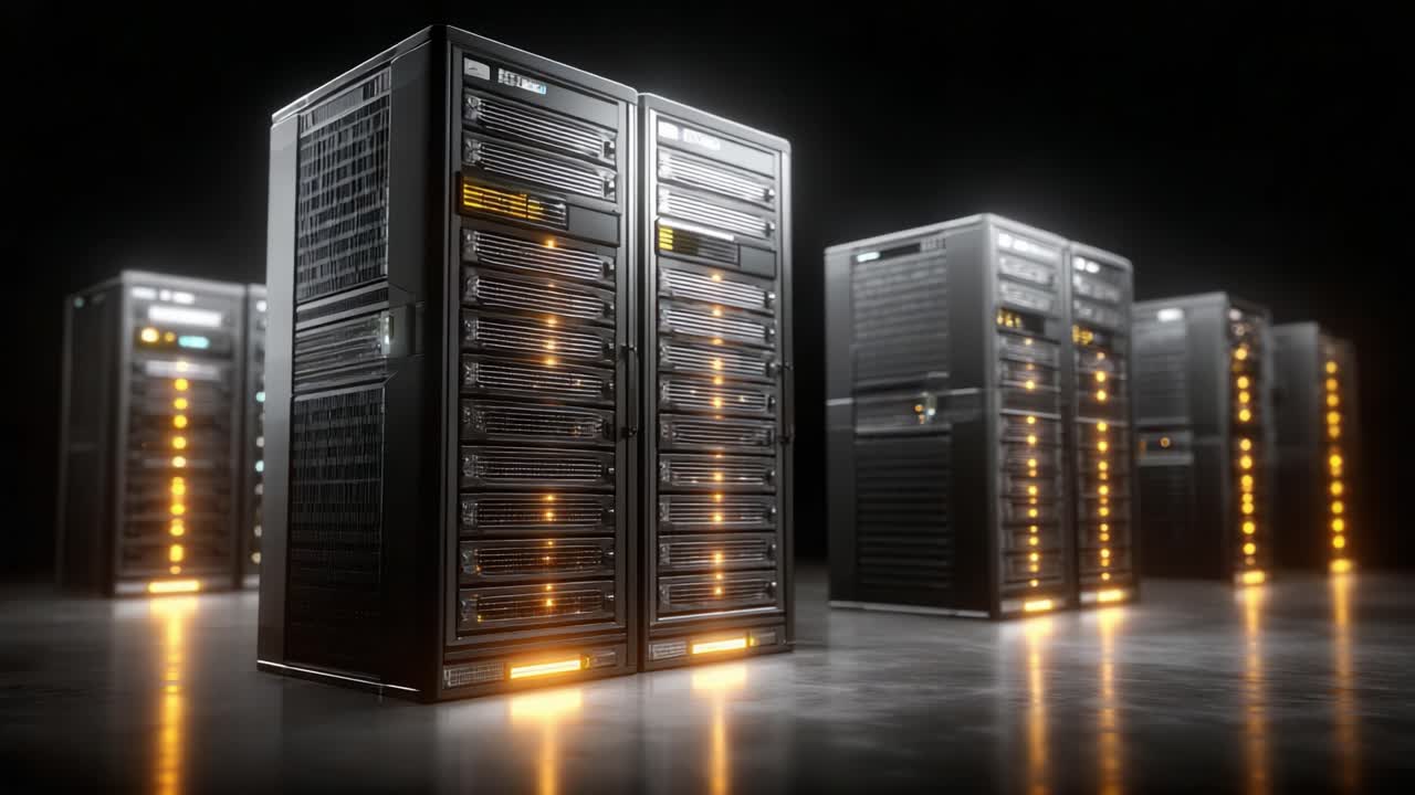 High-Tech Data Center Featuring Multiple Server Racks with Illuminated Indicators and a Sleek, Modern Design in a Dark Environment