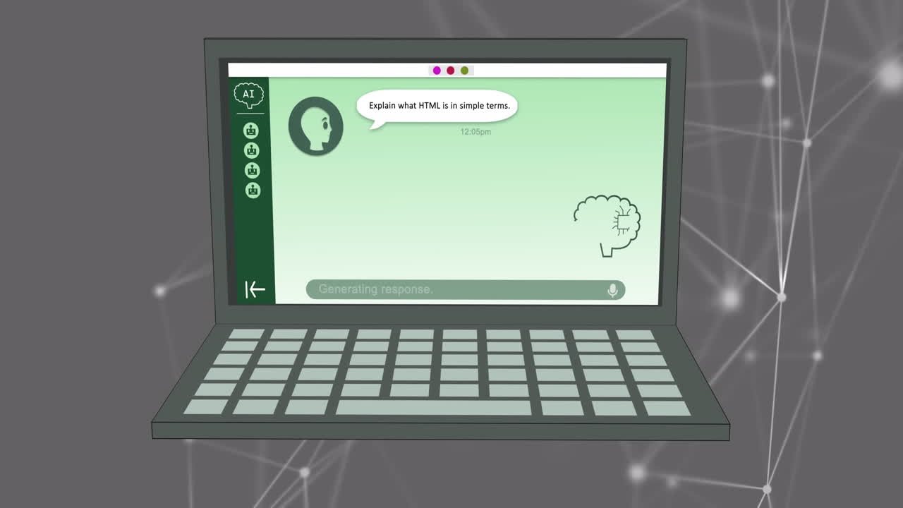 Animation of artificial intelligence text and data processing on laptop screen