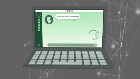 animación de texto de inteligencia artificial y procesamiento de datos en la pantalla del portátil.