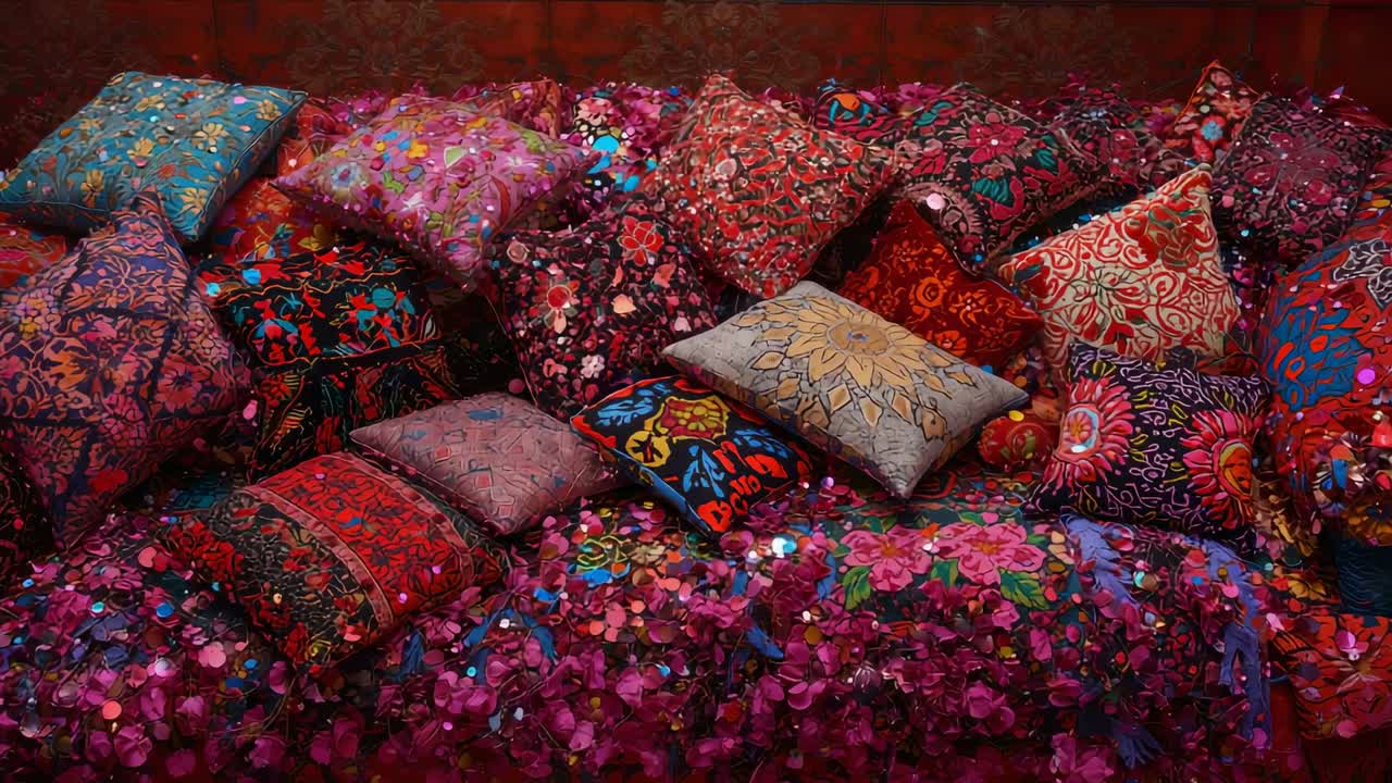 Shifting camera viewpoint showcasing dense decorative cushions on bench, catching sequin highlights