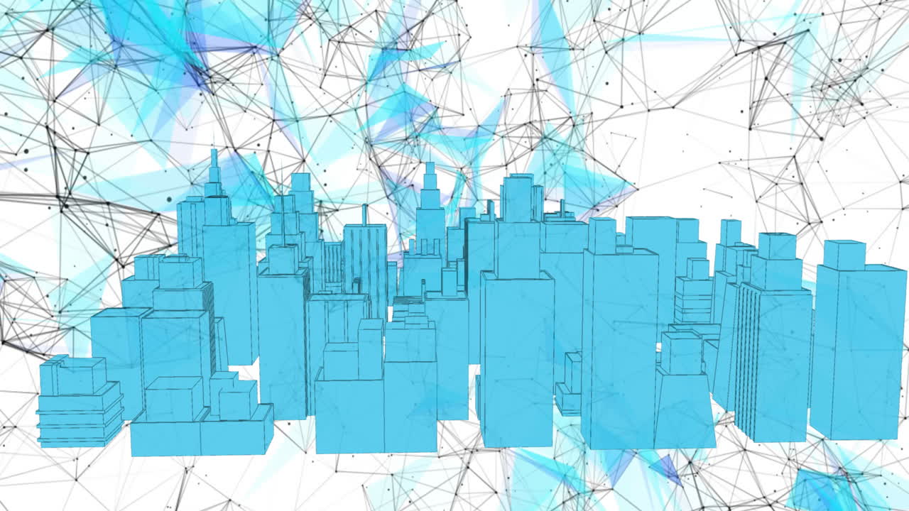 현대적인 건물 모델은 연결 네트워크에 대해 회전합니다.