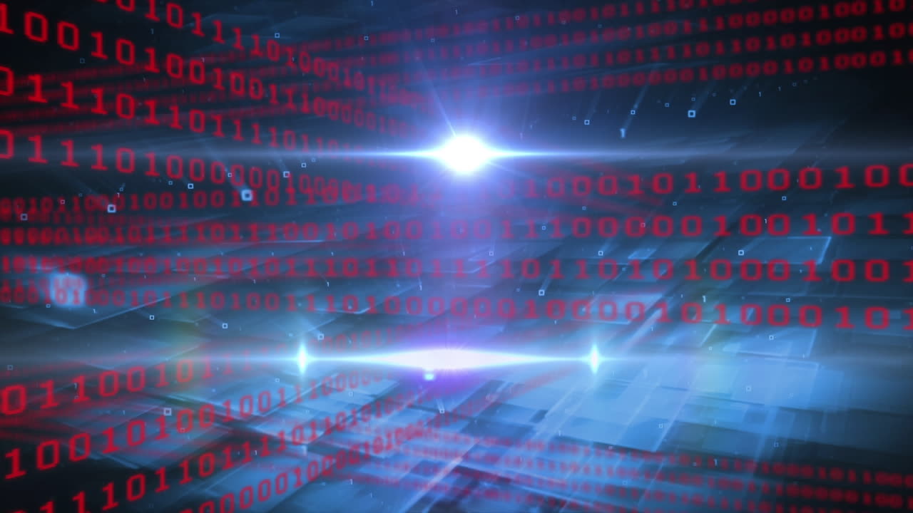 Animation of data processing over light trails on black background