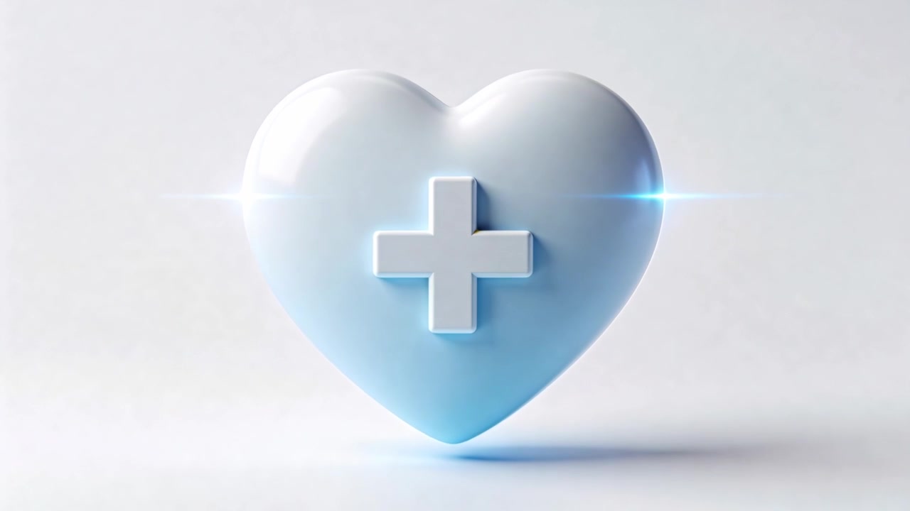 Hovering 3D heart pulsing, reflecting blue flare sweeping left to right in white studio, with plus