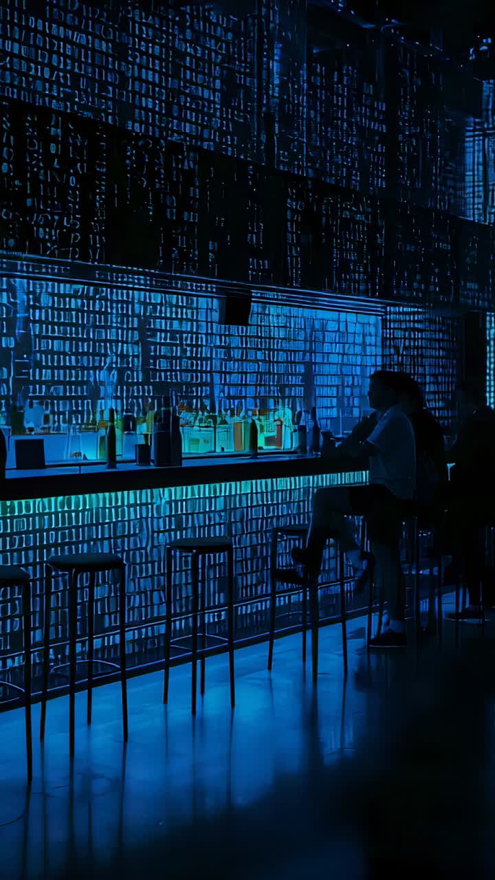 Vertical video: Feeling thirsty man in tee raising glass, sipping at bar, lit bottles, copy space