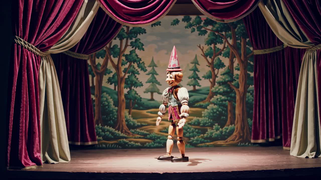 A whimsical video scene of a puppet on a vintage theater stage, captured from a front angle