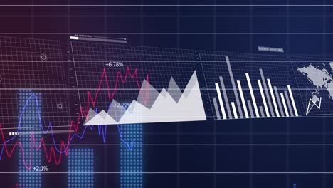 Animation-of-statistical-market-data-processing-over-grid-network-against-blue-background